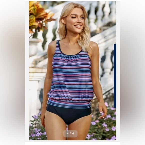 Walk On Beach STRIPE  Print Two Piece Tankini Swimsuit - Multicolor Size: XL NEW - Picture 1 of 12